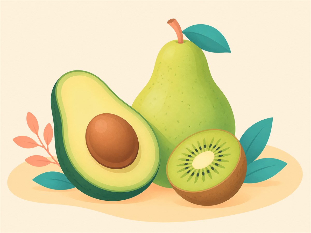 Illustratie van peer, kiwi en avocado op een lichte fruitschaal
