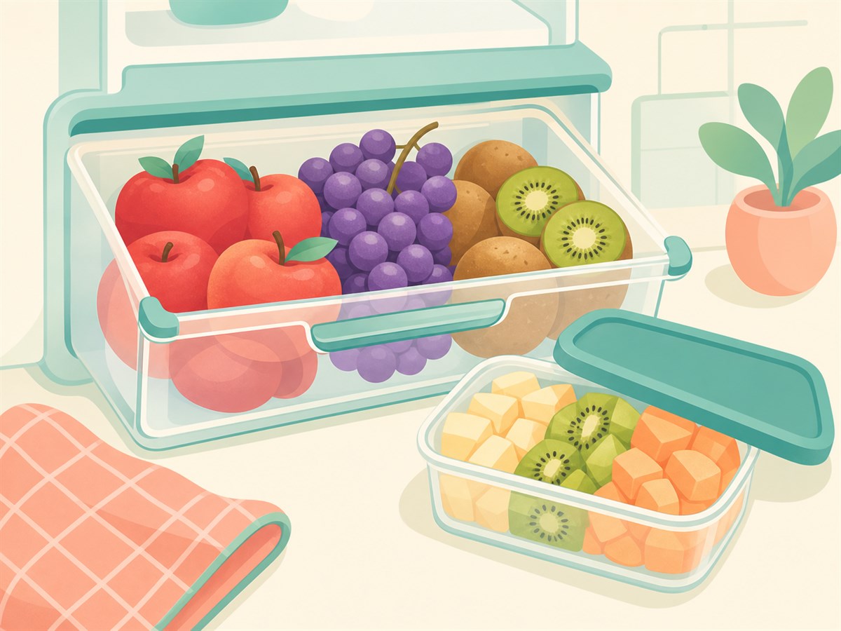 Illustratie van appels in een fruitschaal en een koele bewaarlade